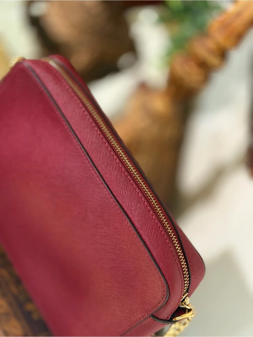 Michael Kors Large EW Saffiano Leather Crossbody Bag Cherry Red Gold Chain